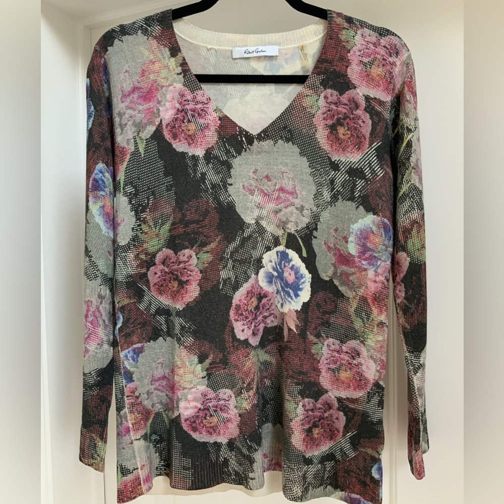 Robert Graham Adaire Sweater Silk Wool Cashmere Floral V-Neck Pink Gray …